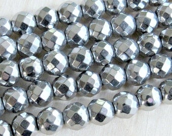 6mm faceted silver Hematite, magnetic hematite, full strand, silver plated, 6mm round beads, jewelry supplies, mala beads, Jewelry supplies