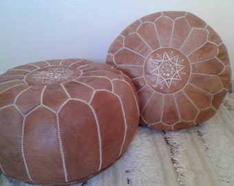 Set of 2 Leather poufs, ottoman luxury light tan floor poufs, moroccan home decor