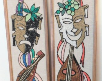 Vintage Gravel Art -Tragedy and Comedy 1960's SHIPPING INCLUDED