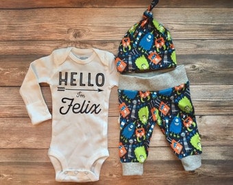 Hello I’m Monster Baby Boy Outfit, Baby Name Outfit, Custom bodysuit, Custom Name Outfit, Baby Name Outfit, Baby Monster, Monster Outfit