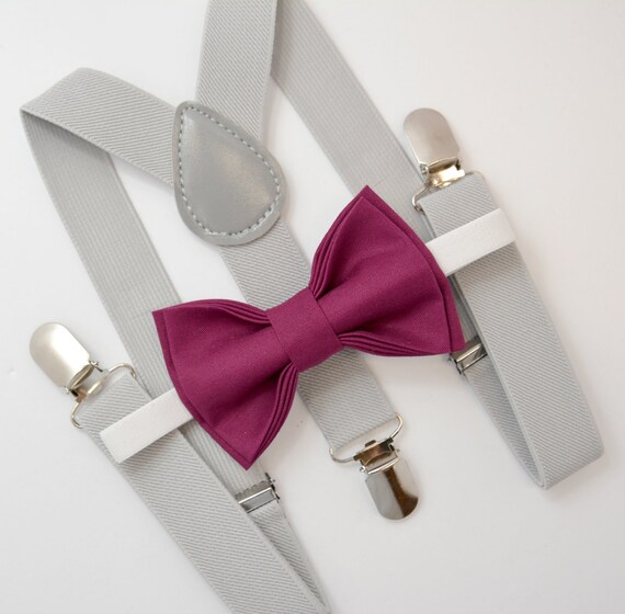 Bow Tie & Suspenders SET / Maroon Crimson Bow Tie / Light Gray