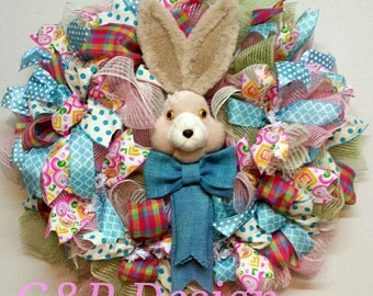 Spring Wreath, Easter Bunny Wreath, Burlap deco mesh wreath, Front door wreath. Pink and blue ribbons wreath.