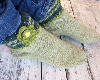 Knitted green slipper socks Knitted wool socks Wool slippers