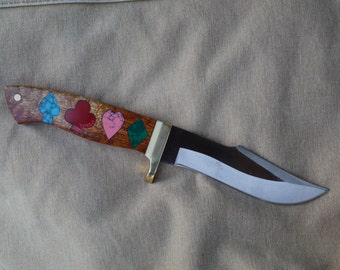 The Gambler - knife with leather sheath, gambling gift, inlaid knife, custom knife, collector knife