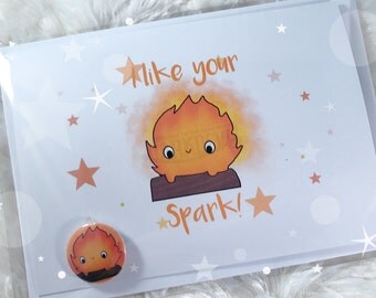 Calcifer Howl's Moving Castle Ghibli Card AND Badge Set! Valentines Birthday Anniversary NEW Card Set!