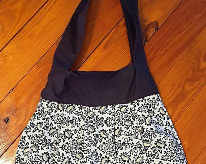 Gift for Her - Hobo Bag - Medium Purse - Medium Bag - Black, gold and White floral - Gift for Teens - Everyday Purse - Pleated Purse