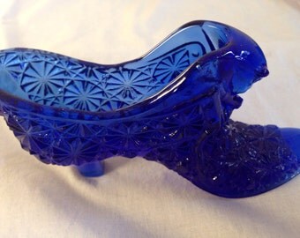 Cobalt Blue Glass trinket container shaped like a high heel shoe with starburst design.