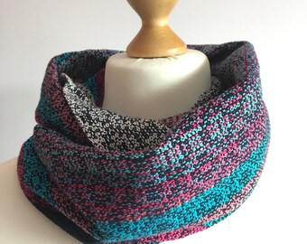 Handwoven Scarf, Infinity Scarf, Long Scarf, Pink and Blue Scarf, Handwoven Snood, Cotton Scarf, Hand dyed Scarf, Black Scarf, Blue Scarf
