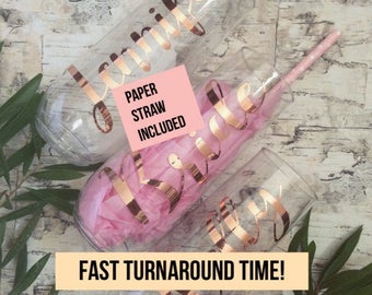 Bridesmaid gift, personalized champagne flute for bachelorette party, plastic champagne flute, stemless wine glass, custom proposal gold