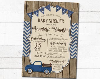 Boy Baby Shower Invitation Navy Blue Rustic Truck Chevron Burlap Bunting Banner Barn Wood Vintage Retro Printable Digital Customized For You