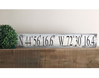 GPS Coordinates Sign- Housewarming Gift - Wedding Gift - Rustic Sign - Longitude and Latitude -Distressed Sign -Farmhouse 24" x 4 1/2"" Sign