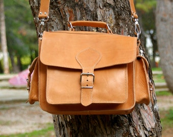leather camera bag/ DSLR carry leather case/ camera shoulder bag/ camera leather satchel/ classic camera case in natural color/ code 90