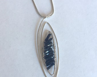 Silver wire, black beaded necklace