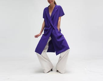 KRIZIA vintage dress-coat-long vest// brilliant violet// minimalist design//double breasted// with belt // made in italy // one size