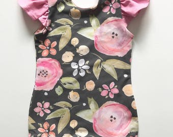toddler girls baby flutter sleeve pink grey watercolor flower floral leotard bodysuit
