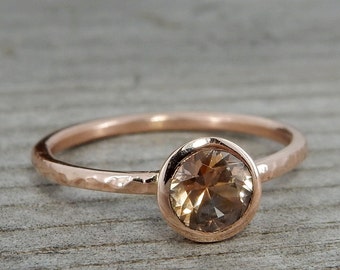 Peach Sapphire Ring - Ethically Sourced Montana Sapphire and Recycled 14k Rose Gold Ring - Fair Trade, Handmade, Hammered, Bezel - size 6.5