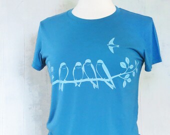 Womens Graphic Tee - Organic Cotton T Shirt - Blue T Shirt - Swallows T Shirt Art- Womens Tee Shirt- Organic Cotton Clothing