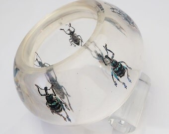 OOAK huge transparent clear lucite art bracelet with exotic real beetles