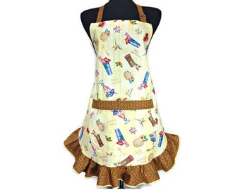 Tiki Bar Kitchen Apron , Retro Style Ruffle , Adjustable with pocket , tropical drinks , Caribian Cruise , Tropical Kitchen Decor