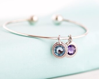 Sterling Silver Bracelet - Charm Bracelet - Modern Simple Bracelet - Simple Birthstone Bracelet For Mom - Sterling Silver Birthstone Bangle