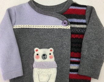 Polar Bear Love - Child's Sweater Jacket - Pieced Recycled Wool with Needle Felting, size 1-2 OOAK HANDMADE by Val's Art Studio