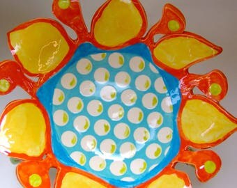 COLORful fun pottery fruit bowl, Whimsical bright ceramic serving dish, with lime green, polka-dots, stripes & Dr Seuss curly legs
