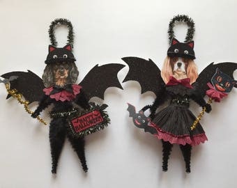 Cavalier King Charles Spaniel BAT Halloween ornaments DOG ornaments vintage style chenille ORNAMENTS set of 2