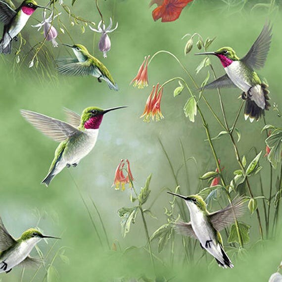 Hummingbirds Green Quilting Treasures Fabric 1 yard