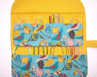 Yellow Circular Knitting Needle Case, Blue Bird Print Crochet Hook Storage Organizer, DPN Double Pointed Needle Holder, Makeup Brushes Roll