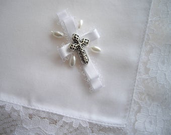 Religious Handkerchief Cross Wedding Confirmation Communion Christening Religious Keepsake Handkerchief Handmade Lace Pearls by handcraftusa