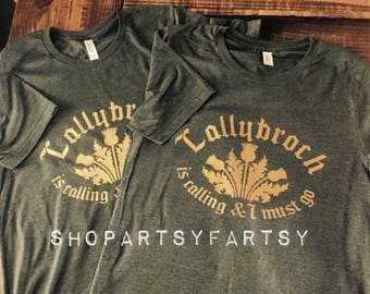 Lallybroch is calling and I must go Outlander inspired tee in forest heather green with gold lettering