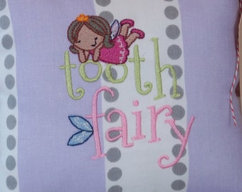 1043 Embroidered Tooth Fairy Pillow on Purple, Grey and White Stripe