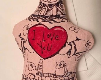 Valentine Stuffed doll handmade primitive child painted stuffed dolls I love you gift ONE DOLL girl child art