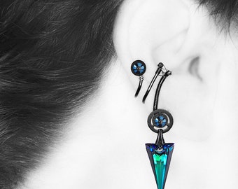 Steampunk Ear Cuff with Bermuda Blue Swarovski Crystals , No PIercing Needed, Cartilage Earring, Statement Earring, Mimas III v6