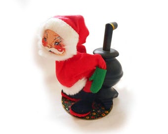 1970s Annalee Felt Santa Doll Cute Figurine Warming by the Wood Stove Vintage Annalee Mobilitee Christmas Decor Red and White Santa Suit