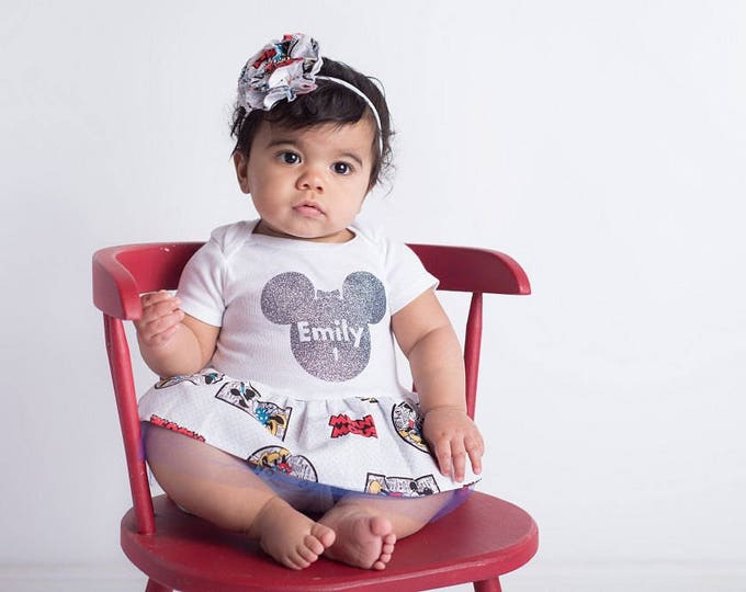 Mothers Day Gift - Disney Baby Girl Dress - Mickey Mouse - Baby Shower - Personalized - Oneise - Unisex Tshirt - newborn to 3 toddler