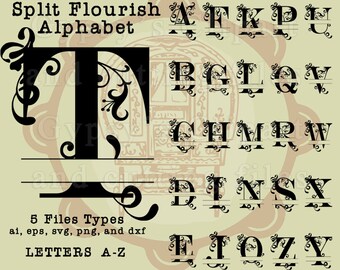 Split Flourish Letter svg, Monogram Letter SVG, Flourish svg Font, Monograms, SVG, Vector, ai,png, eps,dxf, Wedding Monogram, Silhouettes