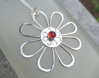Carnelian Daisy - Sterling Silver Wire Flower Pendant - Handmade Gemstone Metalwork Wirework Jewelry - Blossom Petals Floral