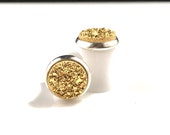 Shiny Gold Round Druzy Drusy Plugs Gauges in Silver Bezel Setting in 0g, 8mm Wedding Bridal Bridesmaid