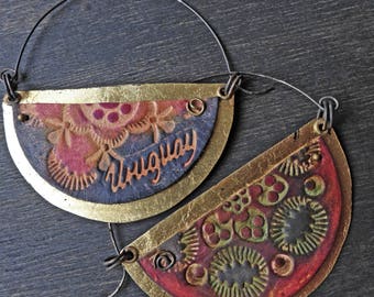 Artisan blade hoop earrings with leather and gold leaf, rustic bohemian- “Elysian”