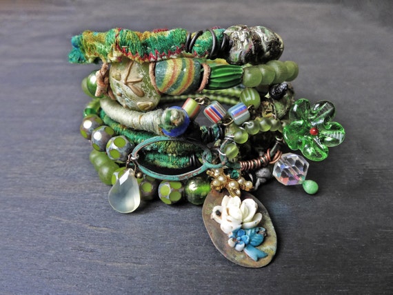 Rustic bangle stack in apple green. Beaded stitched textile bohemian bracelet set "A Midsummer Stroll"