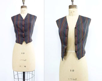 1950s Vintage Vest Silk Striped Vest 50s Fitted Waistcoat Multicolor Stripes 1950s Waistcoat Womens Striped Vest Silk Waistcoat medium