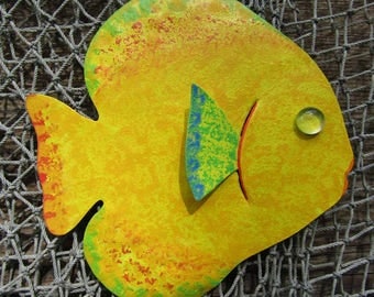 Metal Wall Art Fish Sculpture Recycled Metal Beach House Coastal Bathroom Decor Yellow Lime Green 7 x 7