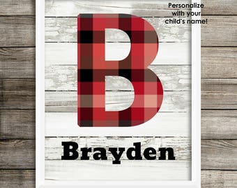 Personalized Baby Boy Nursery Wall Art Woodlands Nursery Child Wall Art Rustic Nursery Red Black White Buffalo Plaid Gift For Baby Shower
