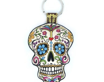Leather Sugar Skull / Day of the Dead / Dia de Muertos Keychain / Keyring / Bag Charm
