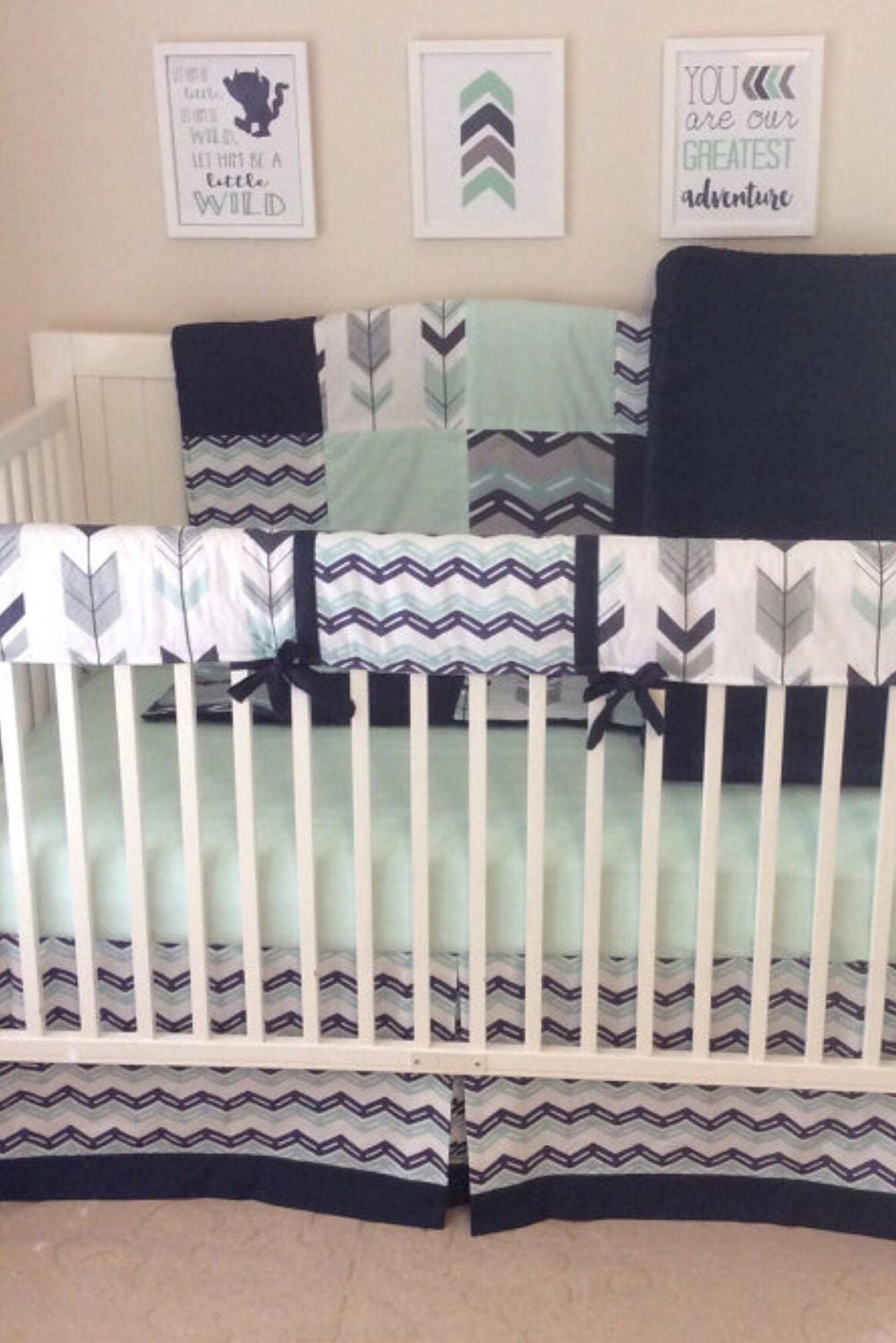 Baby Boy Crib Bedding Set Navy and Mint Arrows and Chevron