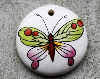 1" Green and Pink Butterfly Design - Domed Circle Pendant - Ceramic Focal Pendant
