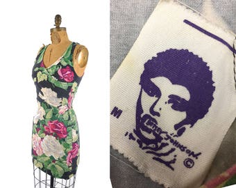 80s Betsey Johnson punk label bandage dress / cabbage rose floral bodycon mini dress / 1980s designer dress .. xs/sm