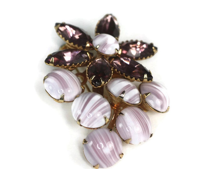 Lavender Glass Brooch Givre Striped Stone and Glass Flower Design Vintage