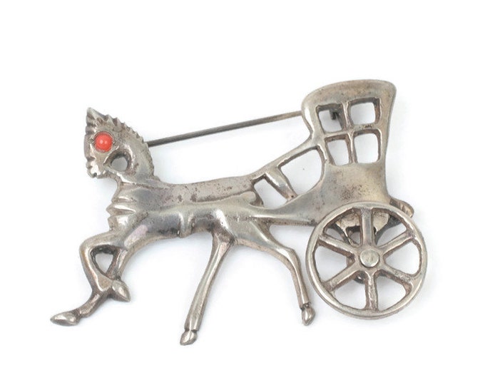 Horse and Buggy Brooch Movable Wheel Mexican Silver Vintage